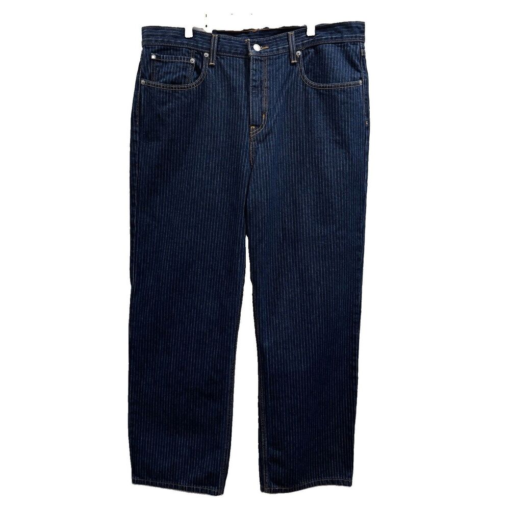 Levis Low Pro Relaxed Straight Pin Stripe Blue Denim Jeans womens Size 33x30 NWT